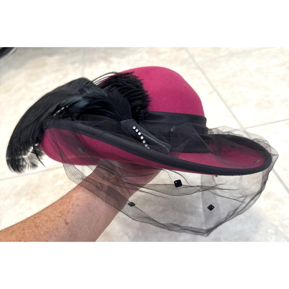 Michael Howard Wool Fancy Pink & Black Hat w/ Net Veil &‎  Feather Mr Charles